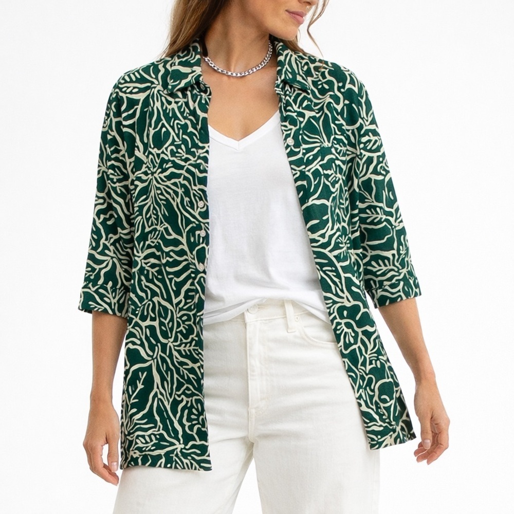 🆕 Gap Tunic Top Short Sleeve Shirt Botanical Blouse Green Cream Vacay Top S-Tall